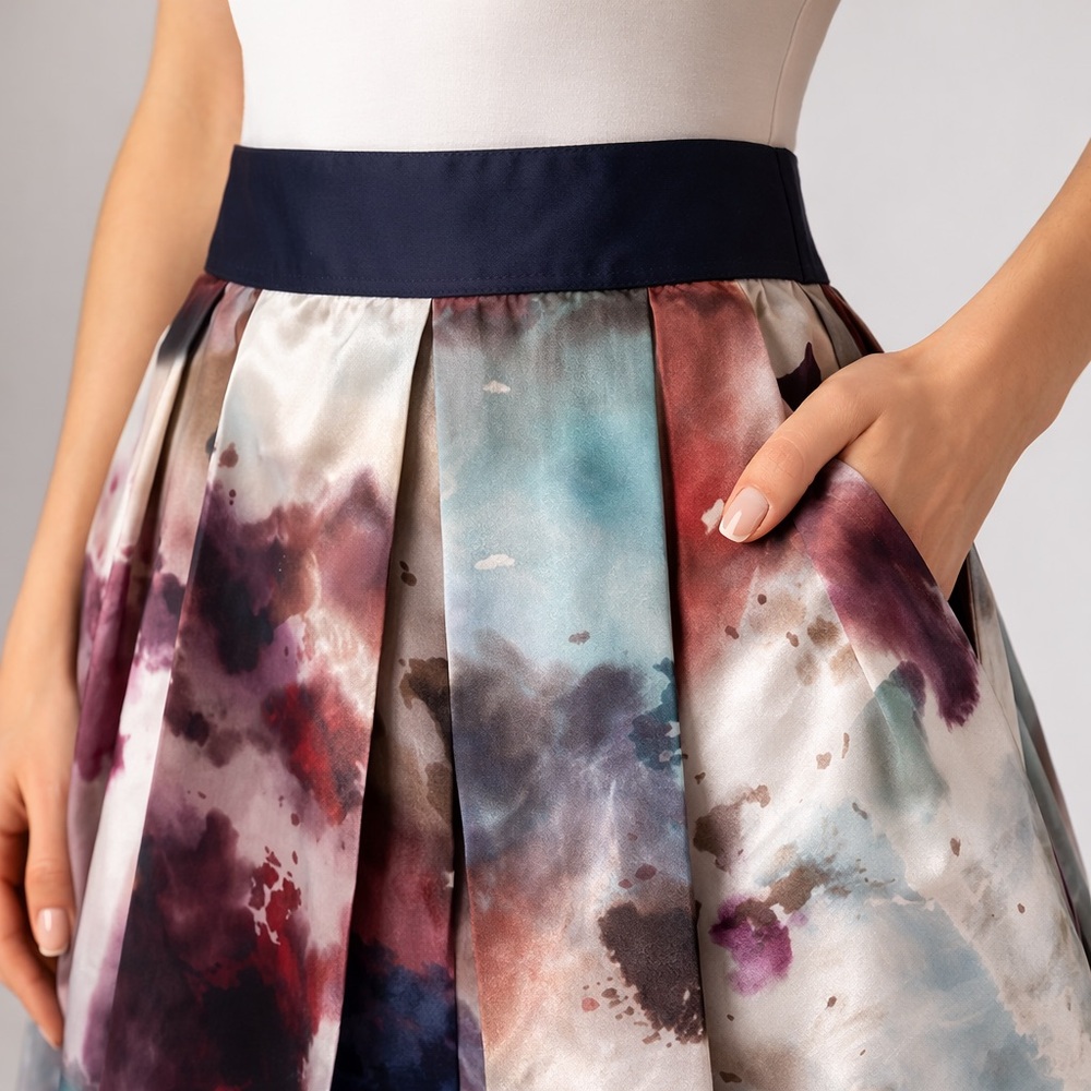 Robert Graham Inspired 100% Silk Watercolor Print Pleated Skirt
